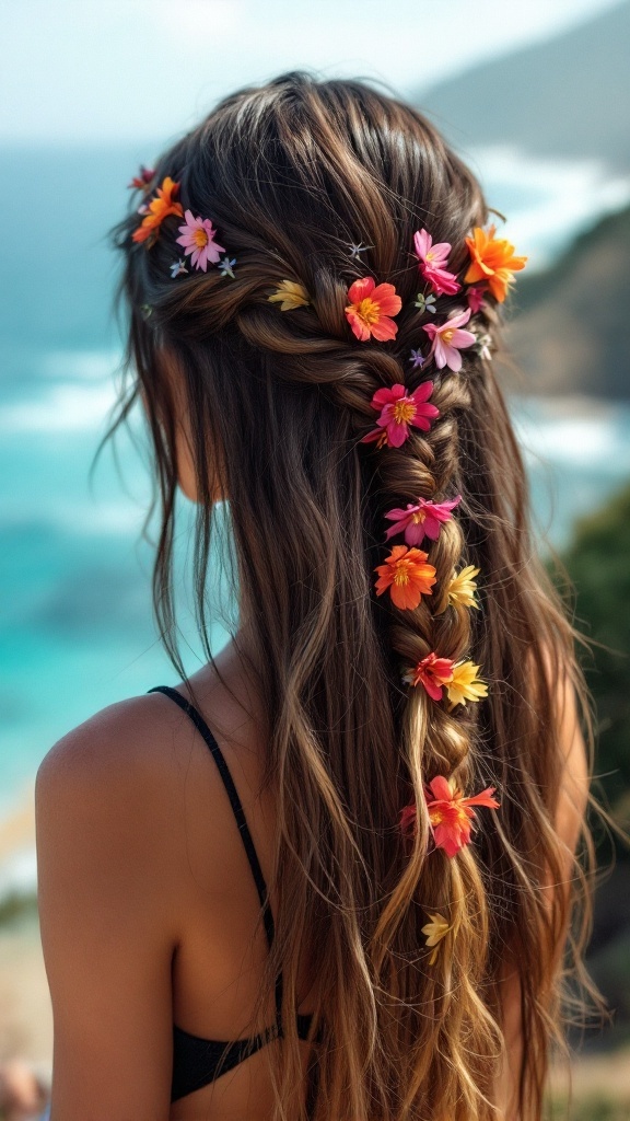 A woman with long hair styled in a braid adorned with colorful flowers, set against a beach backdrop.