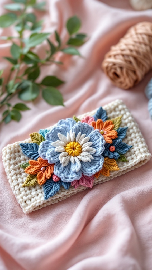 Crochet headband with colorful flower appliqué on a soft pink background