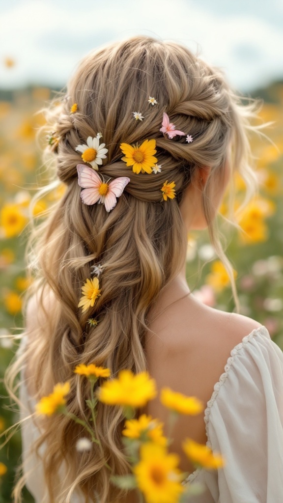 A woman with long, wavy hair styled with butterfly clips and flowers in a field of sunflowers.