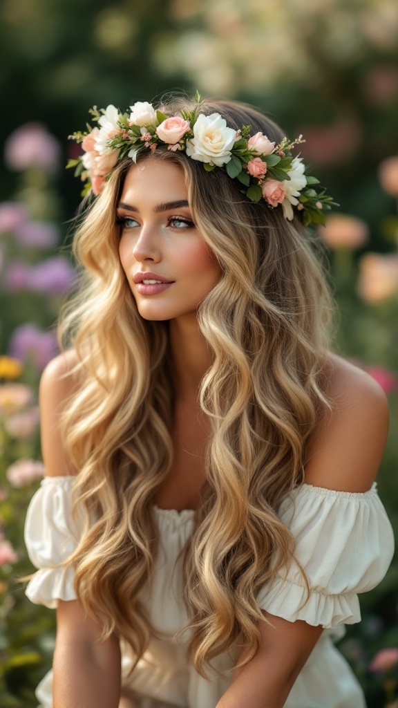 A woman with long wavy hair wearing a floral crown, surrounded by flowers.