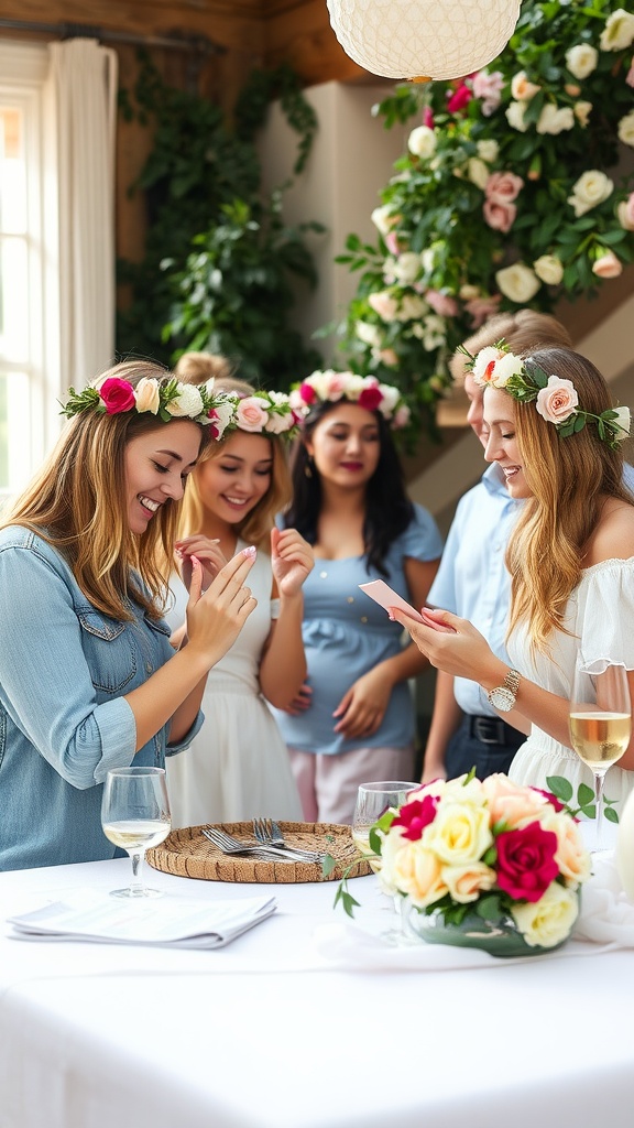 Guests participating in a flower crown making workshop at a garden baby shower, surrounded by flowers and enjoying the moment.