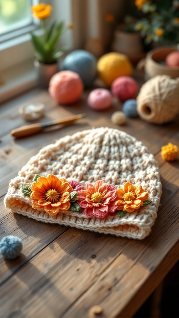 A crochet baby hat with vibrant flower embellishments on a wooden table, surrounded by colorful yarn balls.