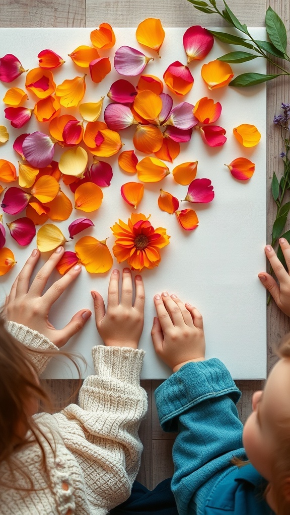 Children's hands arranging colorful flower petals on a white canvas