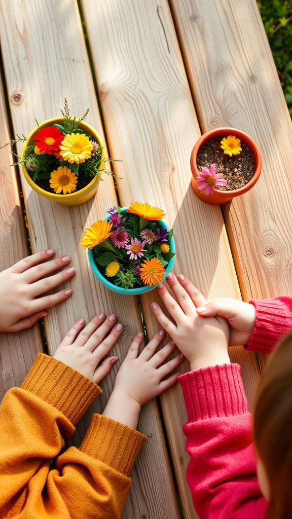 Children's hands around colorful flower pots filled with flowers on a wooden table.