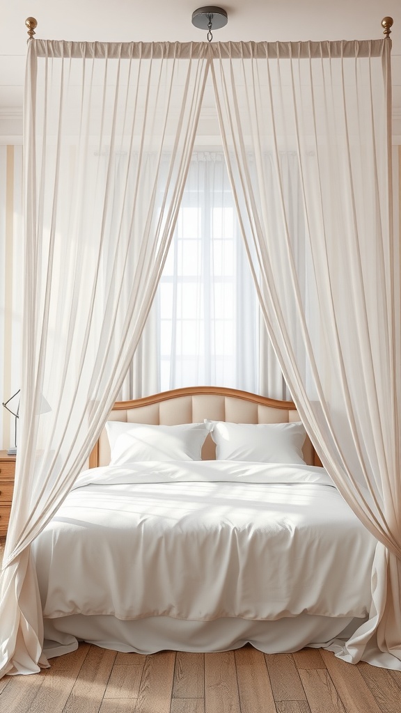 A cozy bedroom with flowy canopy curtains surrounding the bed, creating a serene atmosphere.