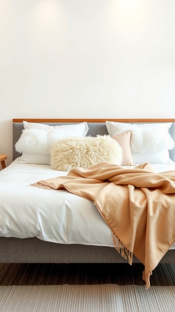 A cozy bed featuring fluffy cloud pillows, a light beige blanket, and soft white bedding.