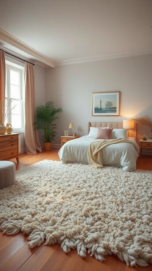 A cozy bedroom featuring a fluffy shag rug in a neutral tone, complementing the warm and inviting decor.