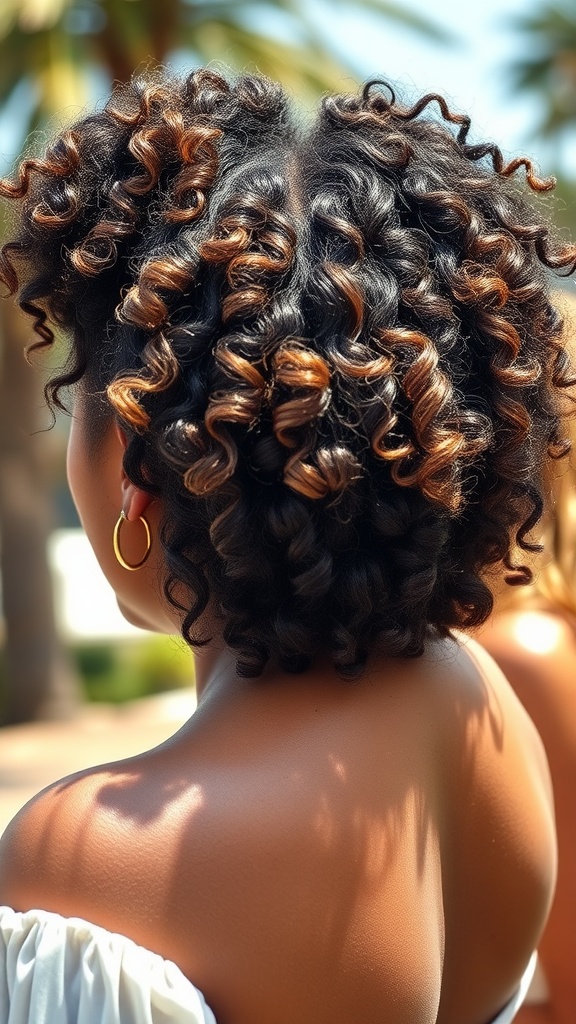 A close-up of fluffy wash-and-go hairstyle featuring defined curls with warm tones.