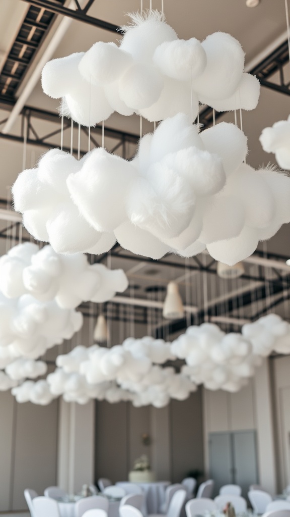 Decorative fluffy white clouds hanging from the ceiling, creating a dreamy atmosphere for a winter-themed event.