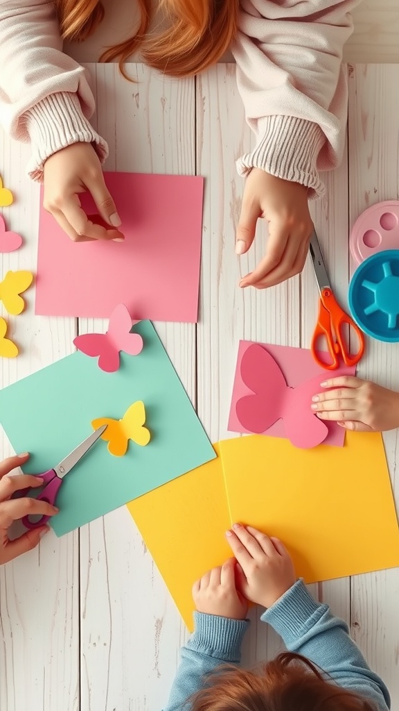 Children's hands cutting colorful foam sheets into butterfly shapes.