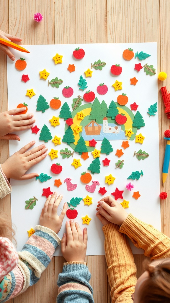 Children's hands arranging colorful foam stickers on paper to create a scene.