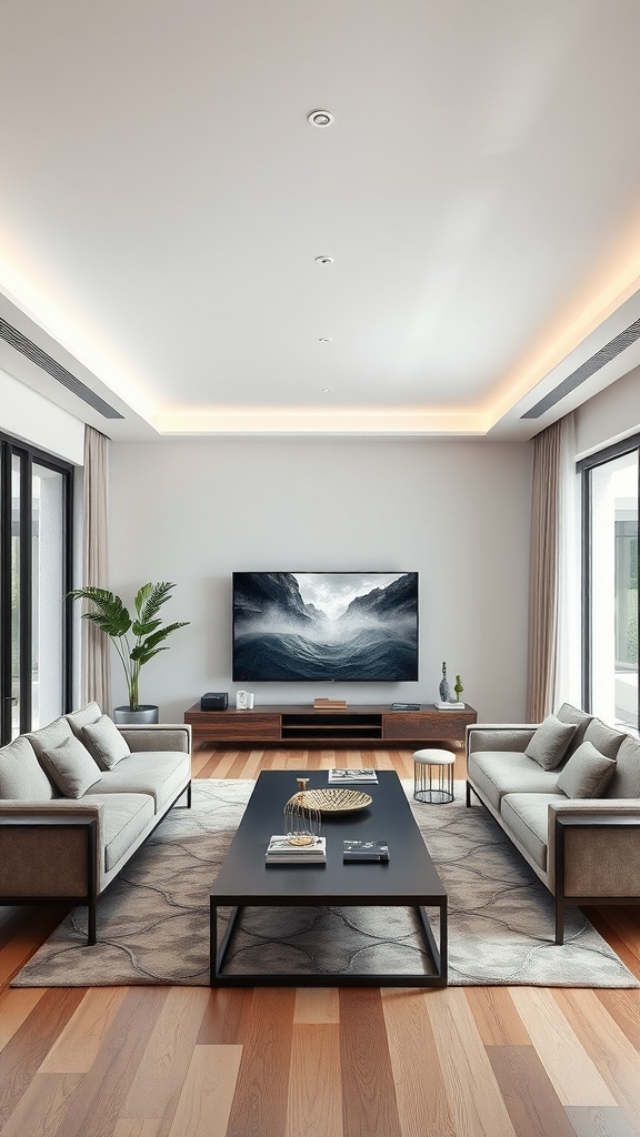 A long rectangular living room featuring a television as a focal point, with comfortable sofas and a coffee table.