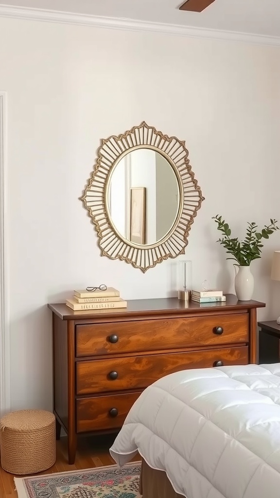 A stylish round mirror above a wooden dresser in a cozy bedroom.