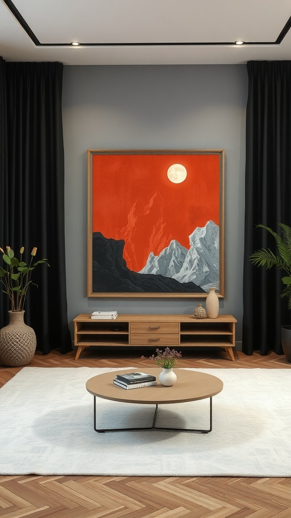 A modern living room featuring black curtains, a large bold artwork with red and blue tones, and a round coffee table.