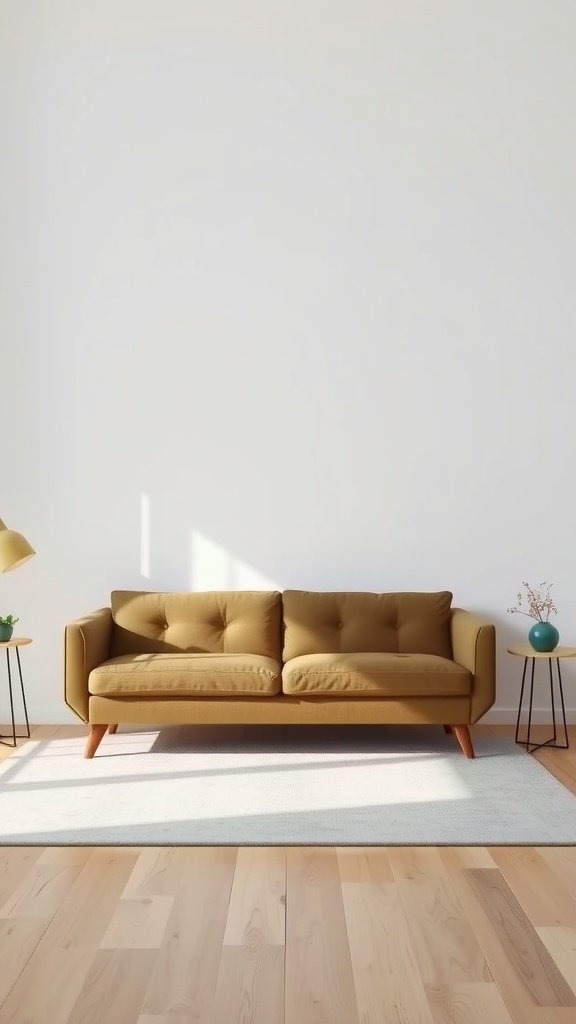 Olive green couch in a minimalist living room design with wooden flooring and simple decor