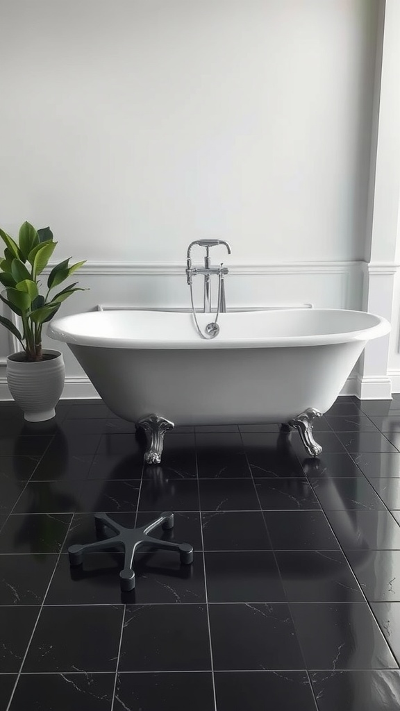 A black tile bathroom floor with a white clawfoot bathtub and a potted plant.