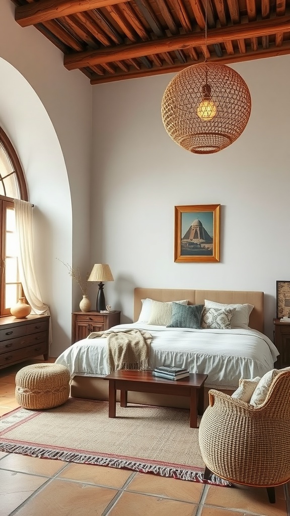 A cozy Moroccan-inspired bedroom featuring wooden beams, woven furniture, and natural textures.