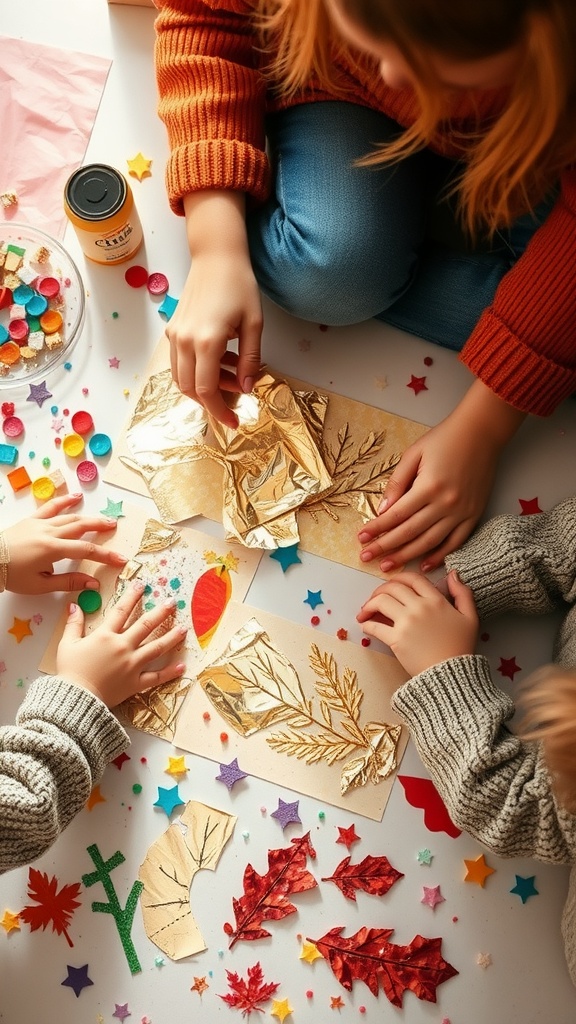 Children creating foil art with colorful decorations on a table.