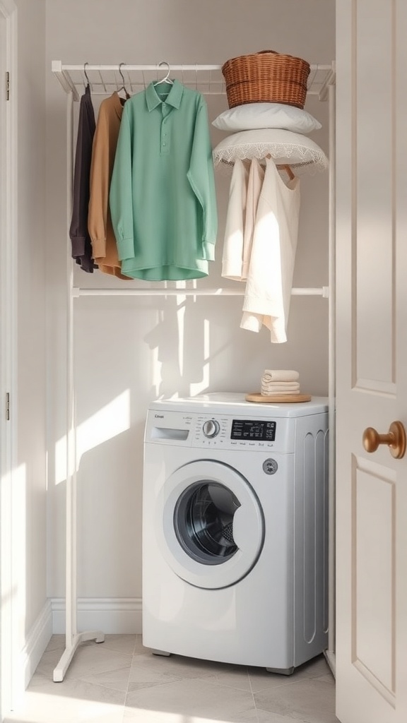 A small laundry room with a fold-down drying rack, a washing machine, and a basket on top.