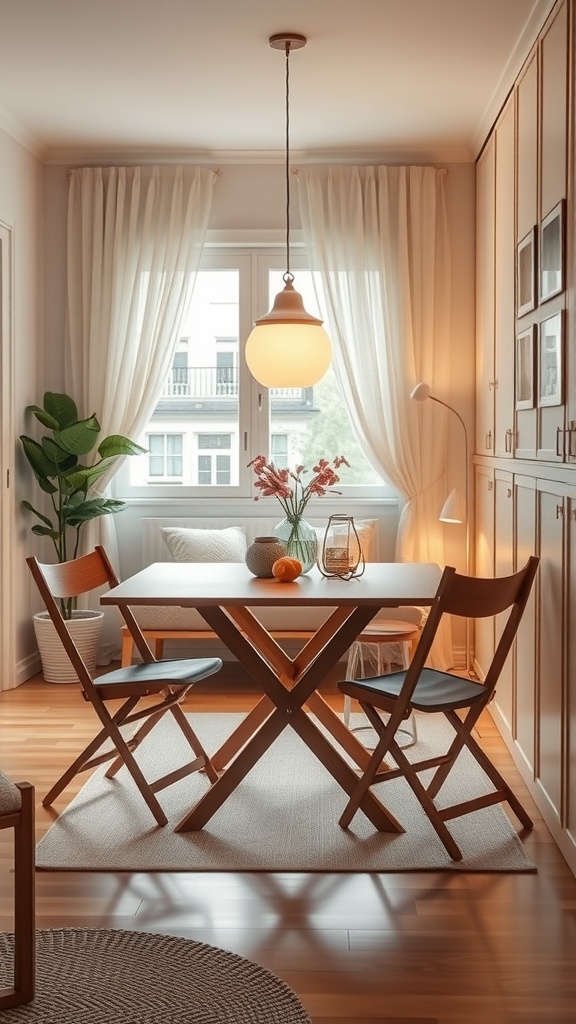 A cozy dining area in a tiny apartment featuring a foldable table and chairs, with a warm ambiance.