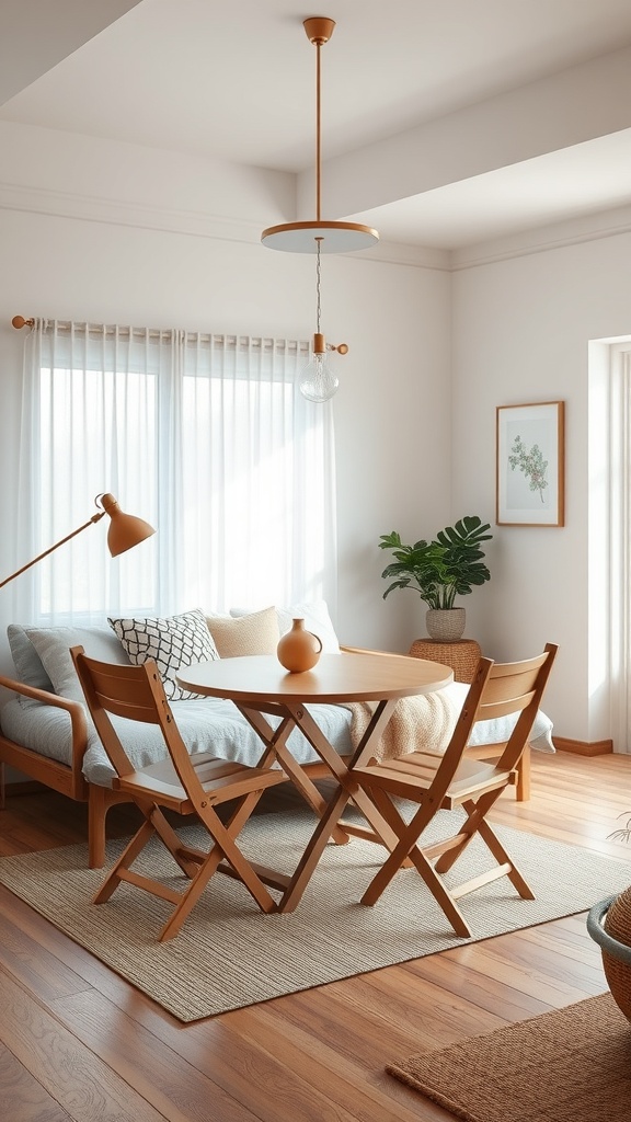 A cozy dining area with a round table and two foldable wooden chairs, featuring a warm color palette and natural light.