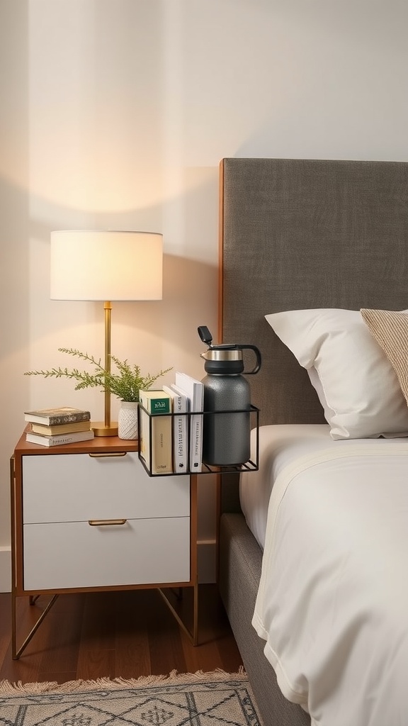 Stylish bedside caddy with books and a water bottle on a nightstand