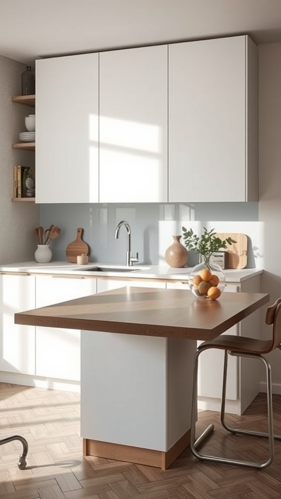 A modern kitchen featuring a foldable counter extension with a natural wood top and sleek cabinetry.