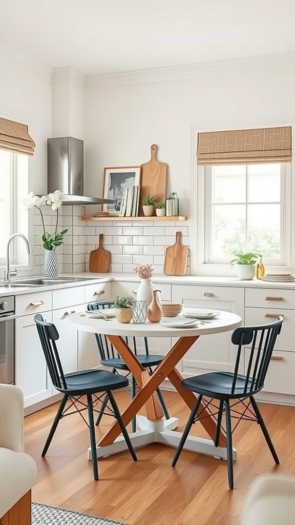 A small kitchen featuring a round foldable dining table with black chairs, wooden accents, and a bright, airy atmosphere.