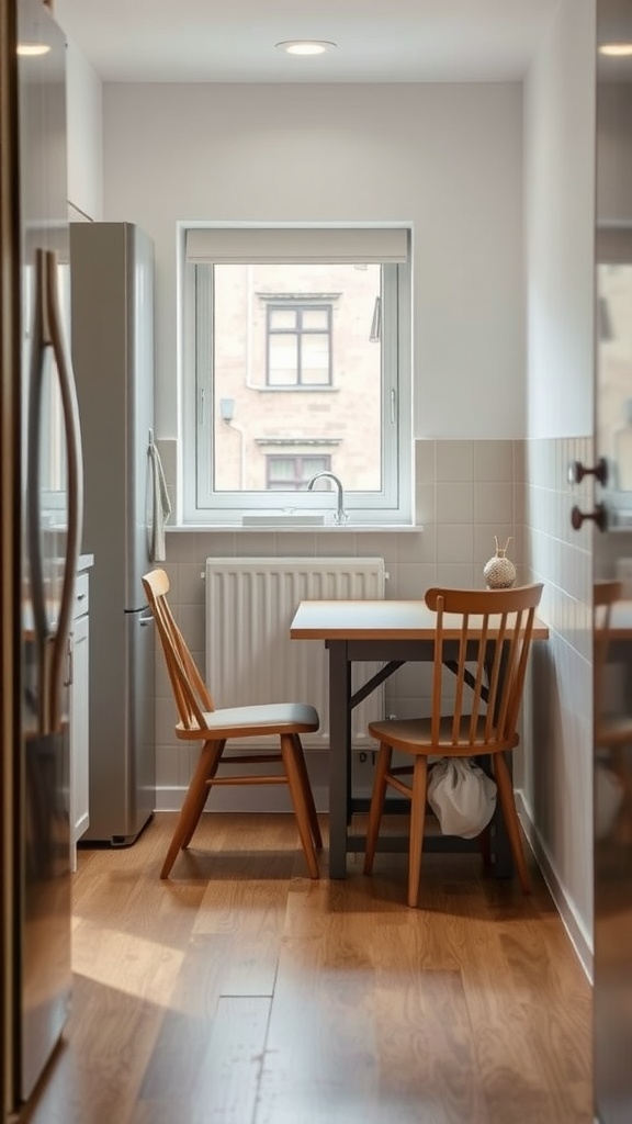 A small kitchen featuring a foldable table and chairs, designed to maximize space.