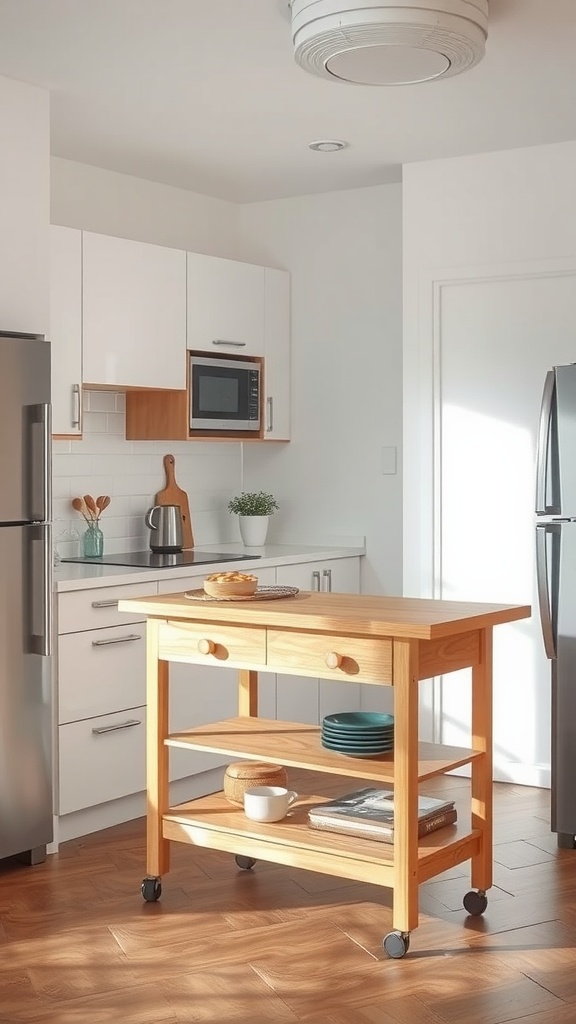 A foldable wooden kitchen island with two drawers and shelves, set in a modern kitchen