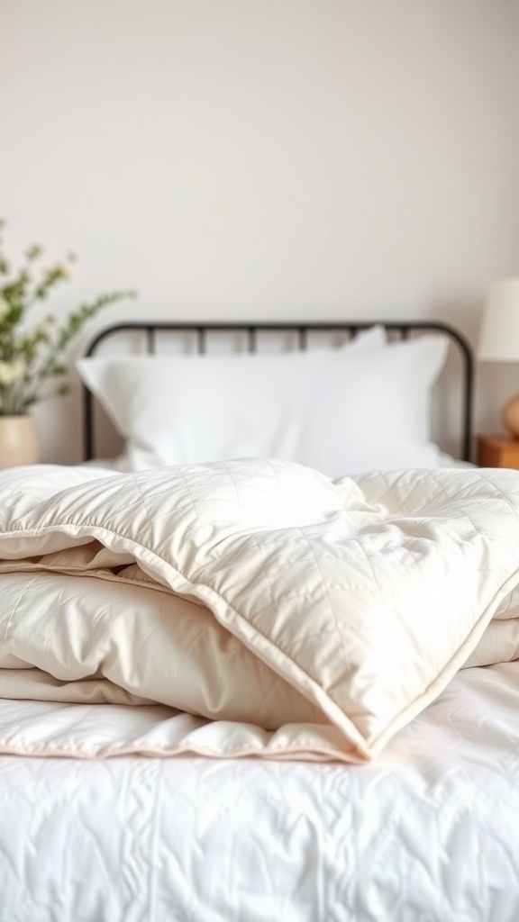 A cozy quilted bedspread folded on a bed with white pillows in a stylish bedroom setting.