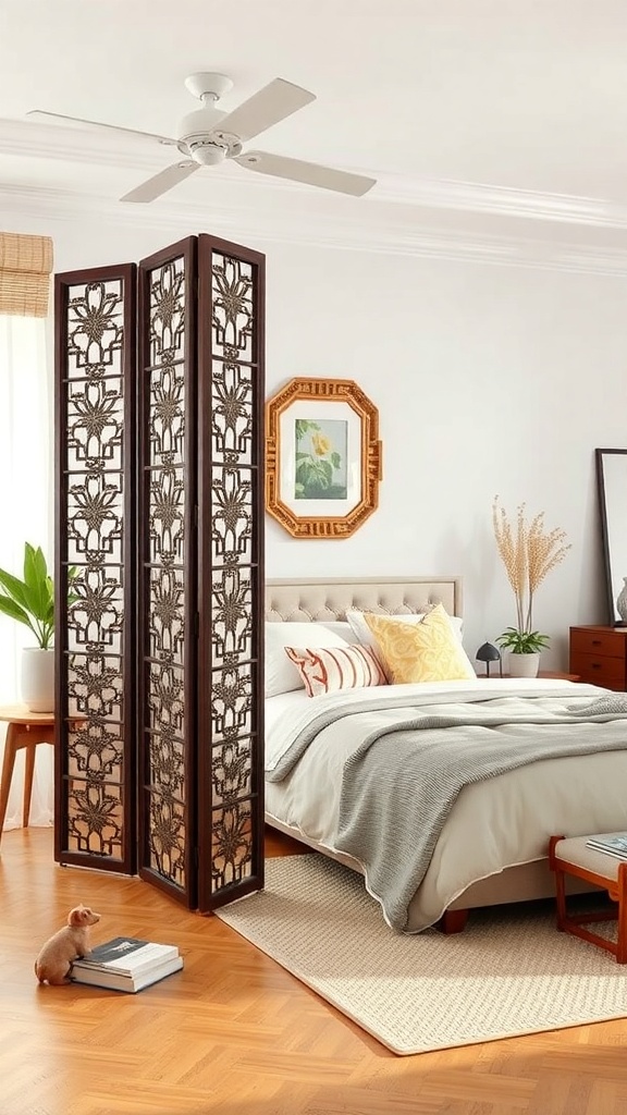A stylish foldable room divider in a bedroom, creating a separate space with intricate patterns.