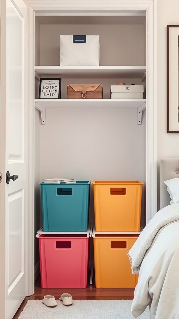 Colorful foldable storage bins in a closet, showcasing organized space with additional storage options