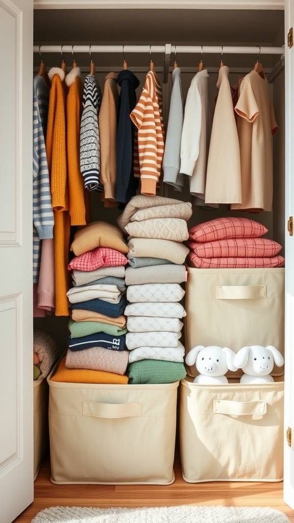 An organized kids closet featuring colorful clothes on hangers and foldable storage boxes neatly arranged at the bottom.