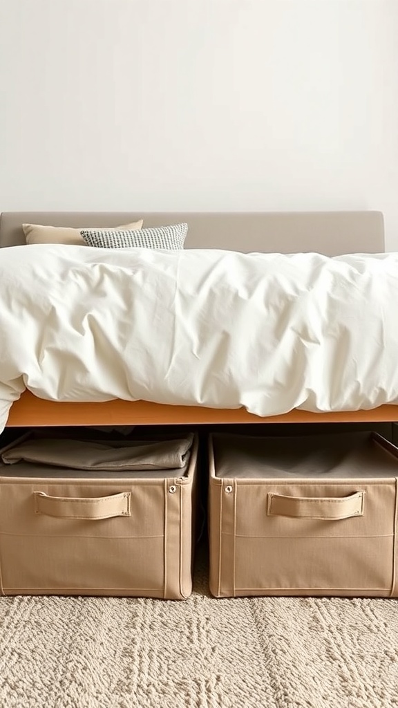 Foldable storage boxes placed under a bed, showcasing a neat and organized storage solution for small rooms.