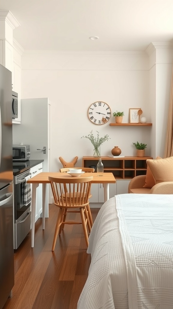 A small kitchen featuring a foldable table and chair, showcasing a cozy and functional design.