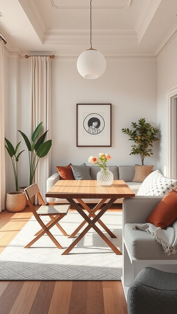 A cozy living room featuring a foldable table and chairs, with plants and decorative elements.