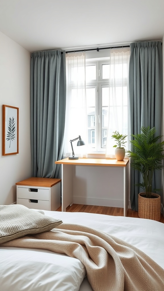 A cozy bedroom with a foldable wall desk by the window, featuring natural light, a plant, and a comfortable aesthetic.