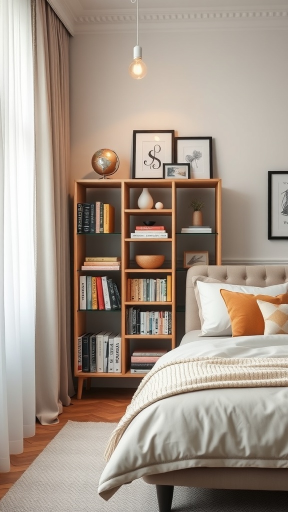A cozy bedroom featuring a wooden folding bookshelf filled with books and decorative items.