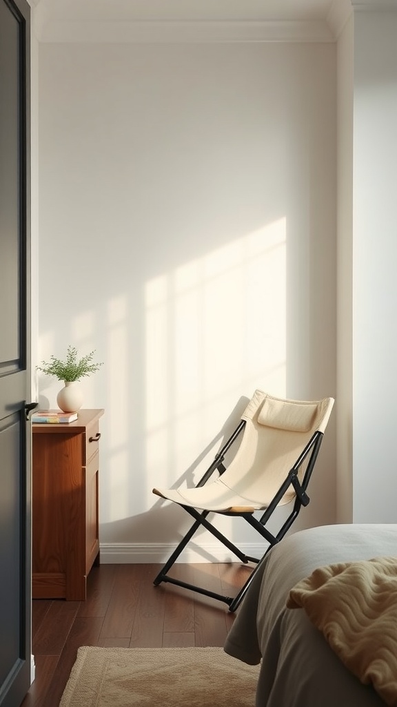 A small bedroom featuring a folding chair near a window, with warm lighting and a cozy atmosphere.