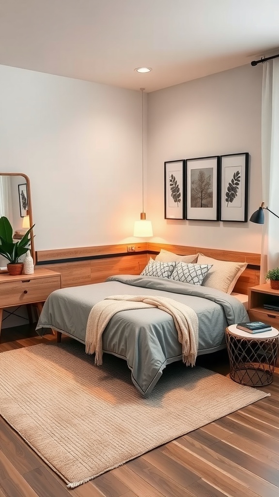 A cozy guest room featuring a folding corner bed, decorated with soft bedding and stylish accessories.