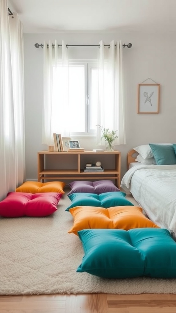 Colorful folding floor cushions arranged on a soft rug in a bedroom