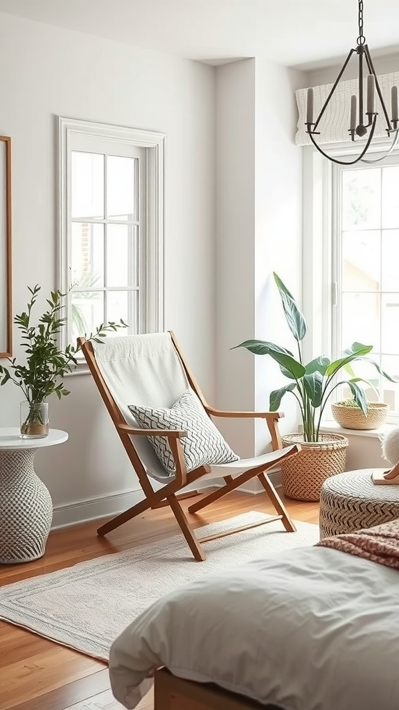 A cozy bedroom with a folding lounge chair, plants, and natural light.
