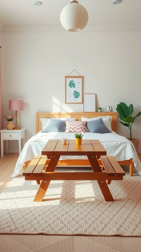 A cozy bedroom featuring a wooden folding picnic table in the center with a bed in the background.