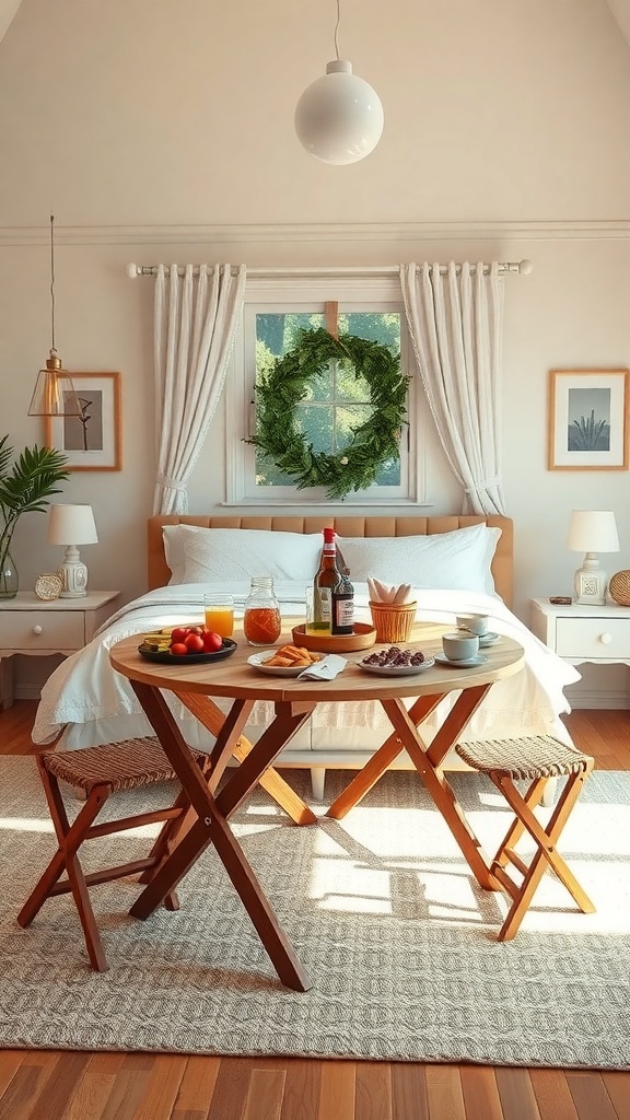 A cozy bedroom featuring a round folding picnic table set with snacks and drinks, surrounded by a warm and inviting decor.