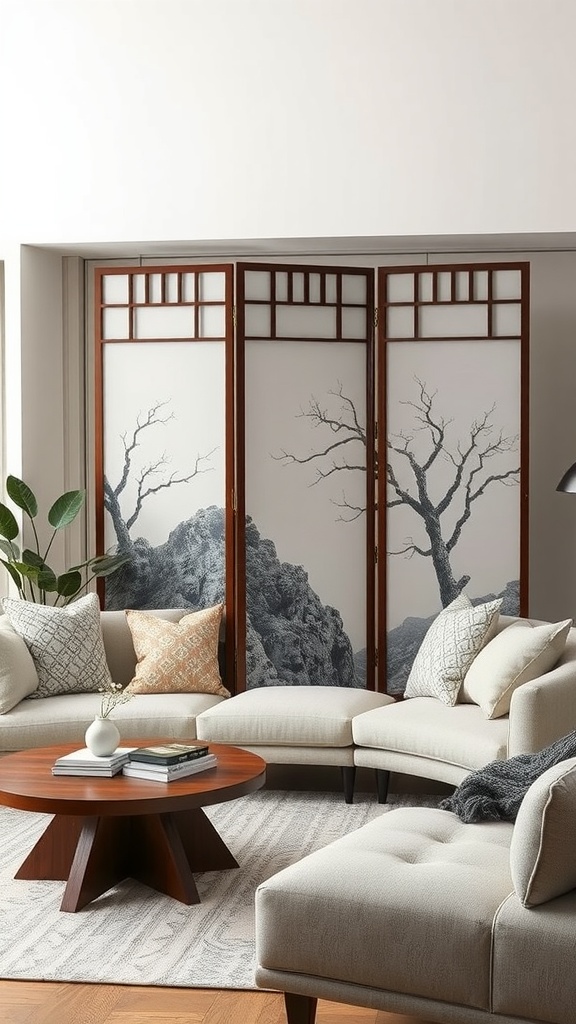 A stylish folding screen in a living room, featuring a serene landscape design.