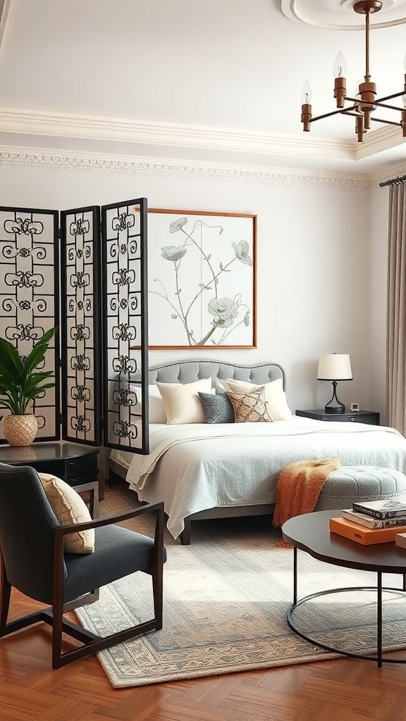 A stylish folding screen in a modern living room, separating the sleeping area from the rest of the space.