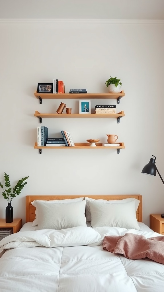 Folding shelves in a bedroom with books, a plant, and decorative items above a bed