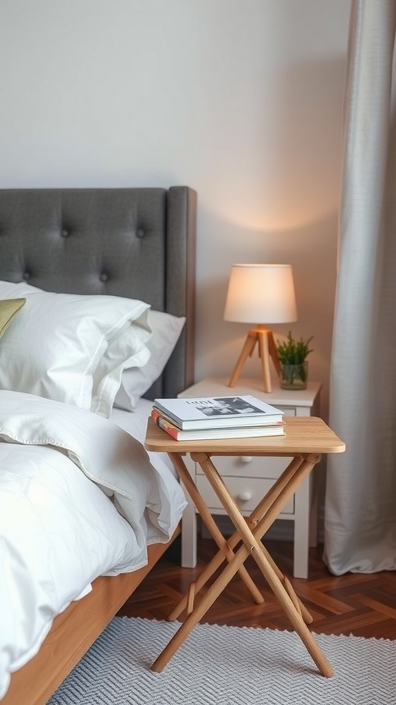 A stylish folding table next to a bed, holding books and a cup, in a cozy bedroom setting.