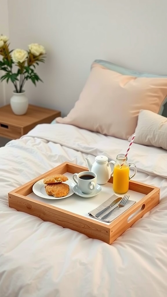 A wooden folding tray with breakfast items on a bed, including coffee, orange juice, and pastries.